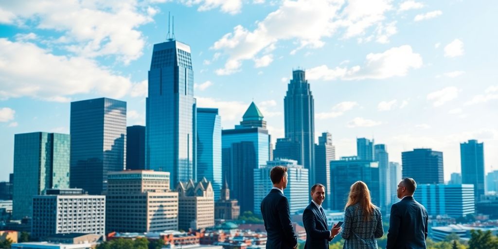 Atlanta skyline with business professionals collaborating.