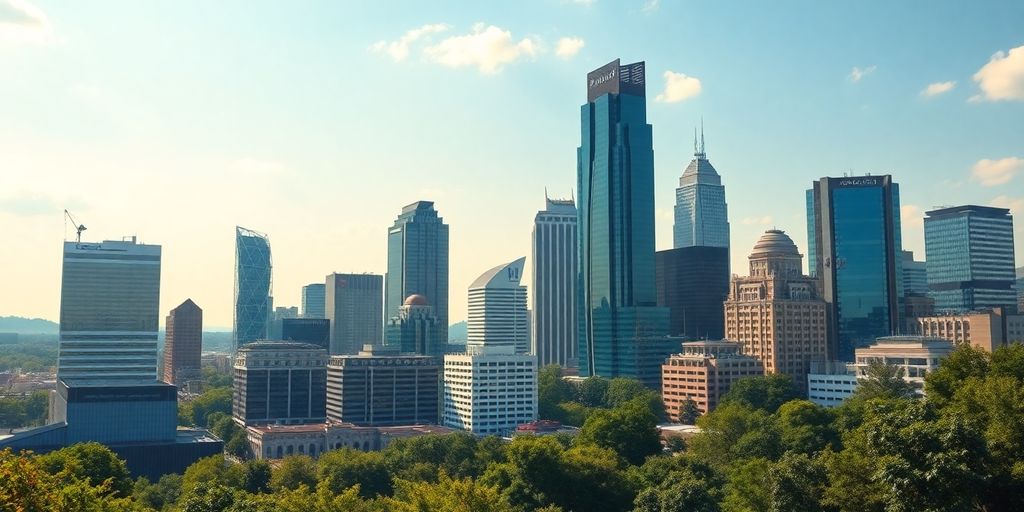 Atlanta skyline with skyscrapers and greenery, focused on growth.
