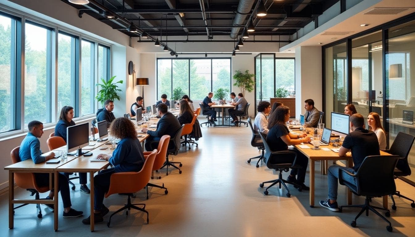 Modern office workspace with employees collaborating and engaging.