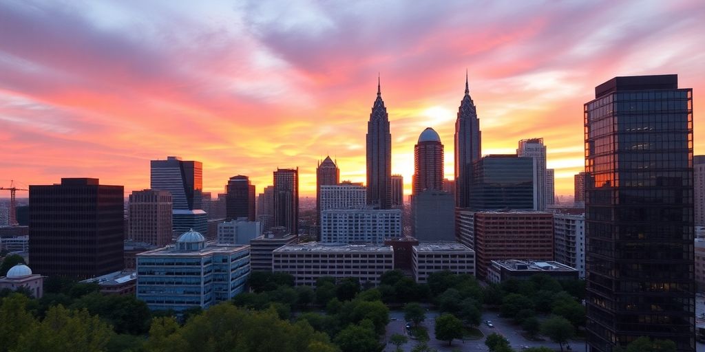Atlanta skyline at sunset with modern buildings and greenery.