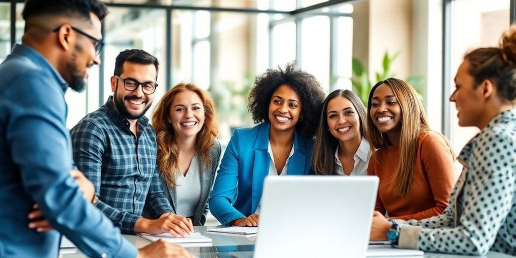 Team collaboration in a bright, modern office setting.