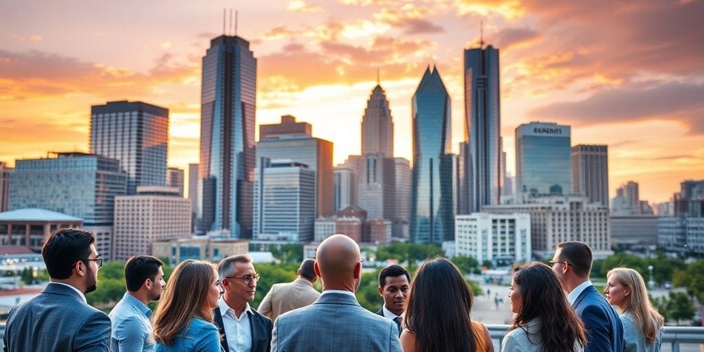Atlanta skyline with business professionals at sunset.