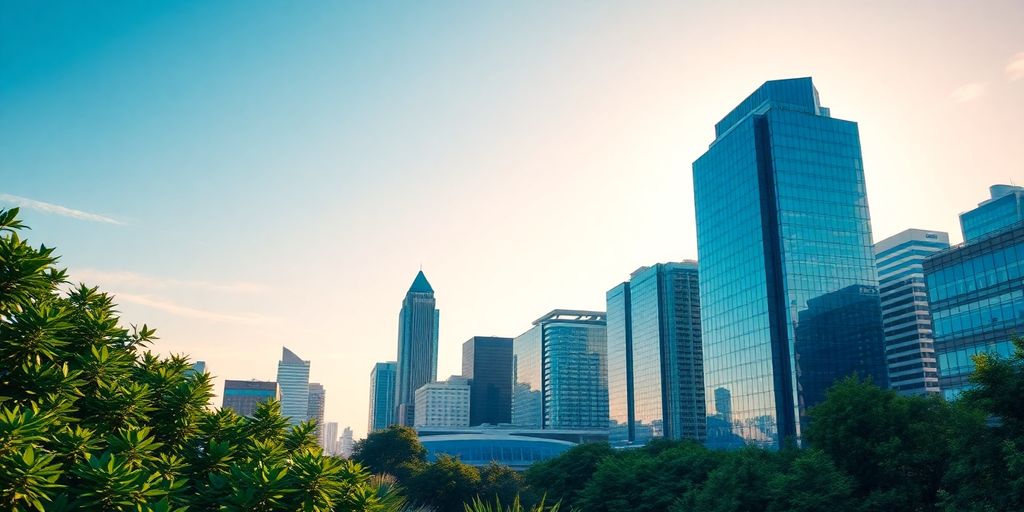 Atlanta skyline with greenery representing tech and sustainability.