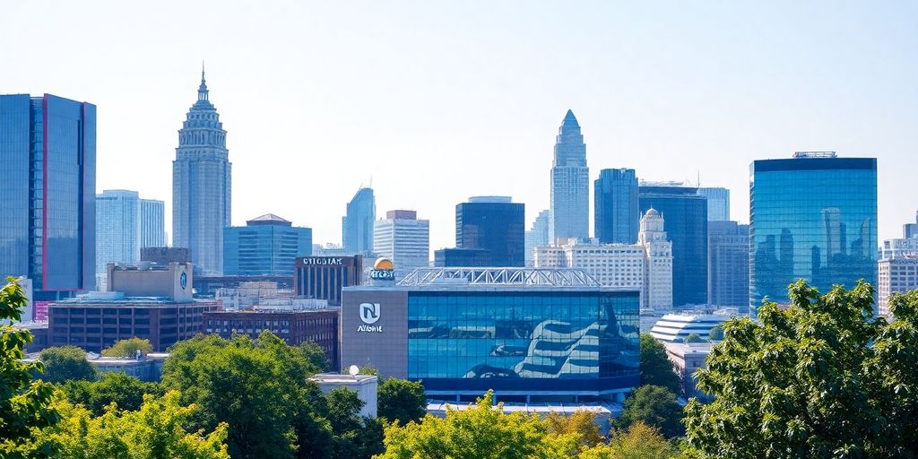 Atlanta skyline with modern tech offices and greenery.