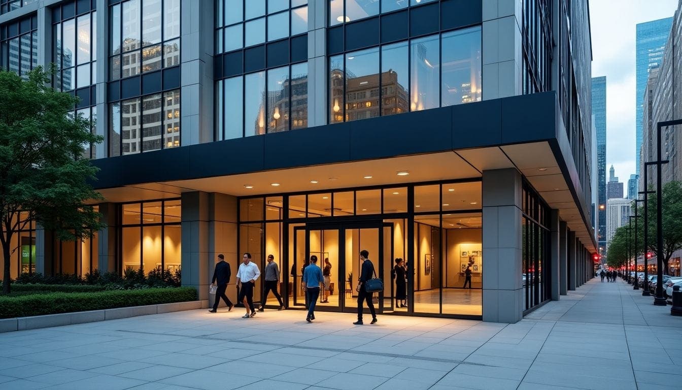 Modern tech building in Atlanta with employees entering.