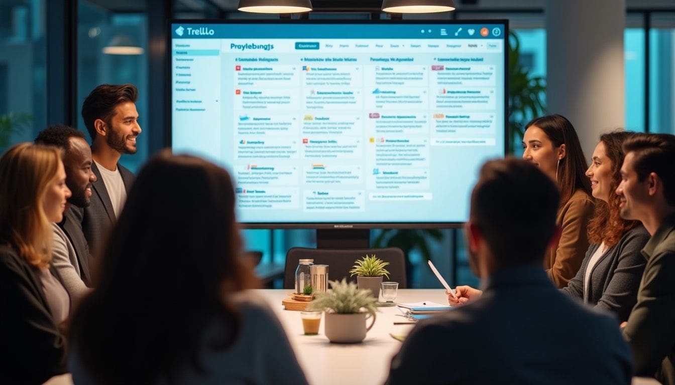 Marketing team collaborating around a digital Trello board.