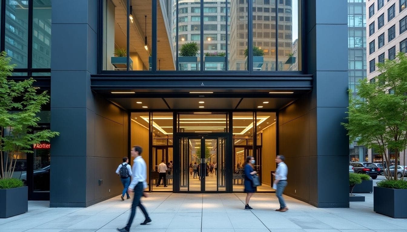 Modern tech building in Atlanta with employees entering.