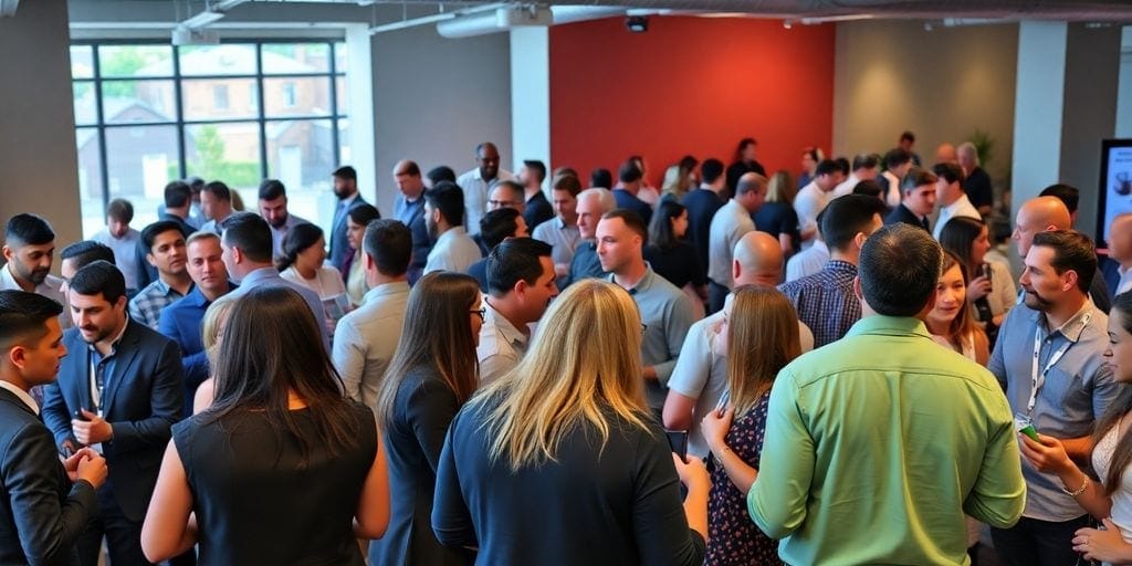Business leaders networking at an event in a modern space.