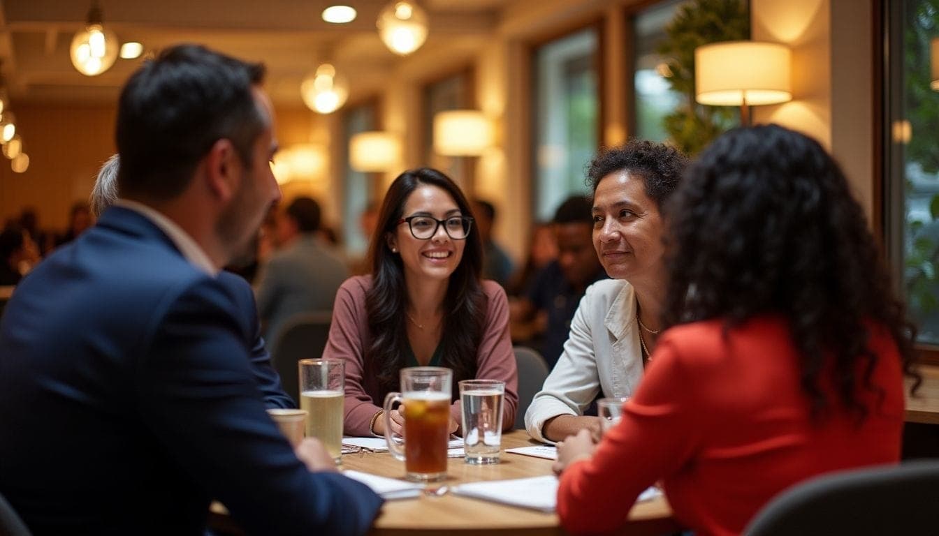 Business leaders networking in a modern, inviting setting.