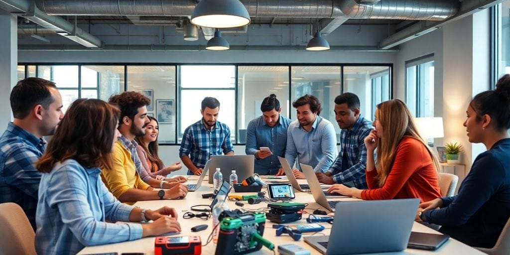Entrepreneurs collaborating in a modern workspace environment.