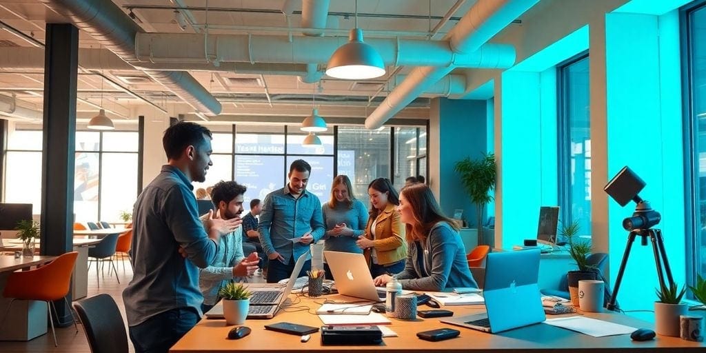 Entrepreneurs collaborating in a modern office environment.
