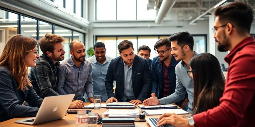 Diverse entrepreneurs collaborating in a modern tech workspace.