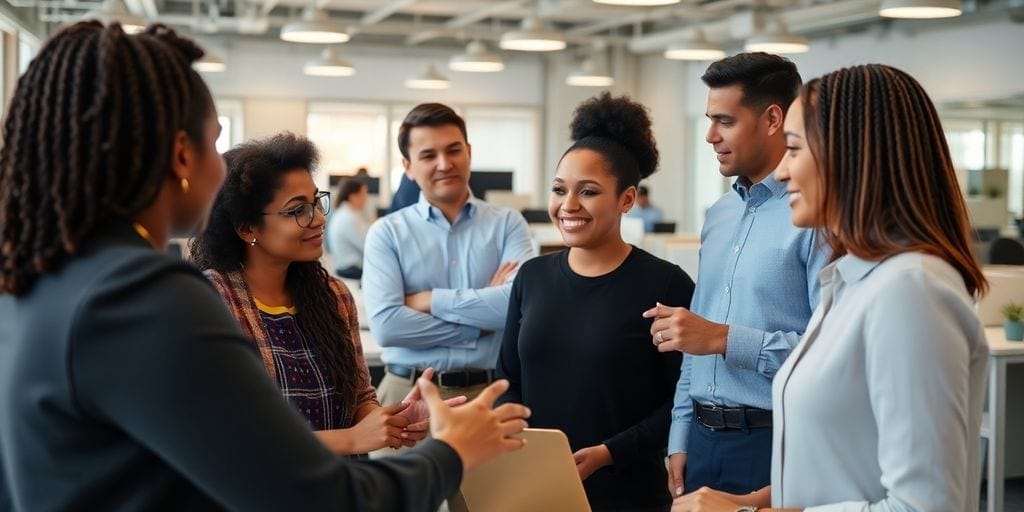 Diverse team collaborating in a modern office setting.