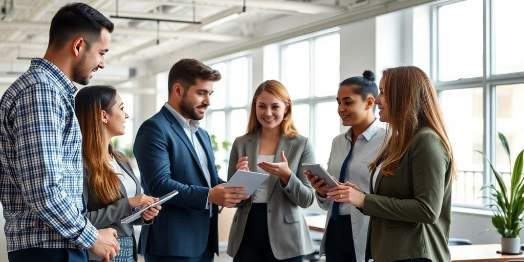 Diverse professionals collaborating in a bright office setting.