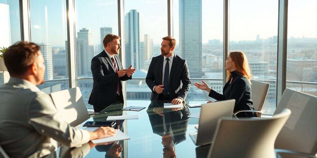 Four people in formal attire are engaged in a discussion around a glass table, comparing roles like COO vs CEO, in a modern office with large windows, offering a cityscape view. Light streams in, creating a bright and professional atmosphere.