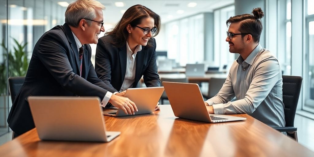 In a modern office, three people are engaged in a lively discussion around a wooden table. Each has a laptop open, and their smiles suggest a positive meeting, possibly debating the roles of COO vs CEO. Large windows flood the space with natural light.