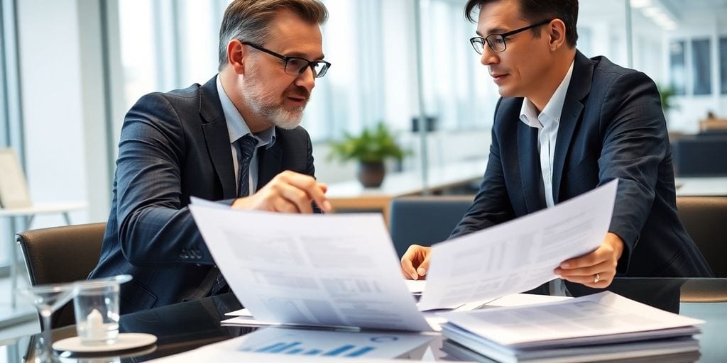 Two businessmen in suits are sitting at a table in a modern office, intensely discussing documents with charts and data. Engaged in a debate over COO vs CEO responsibilities, they remain focused amidst a backdrop of large windows and a potted plant.