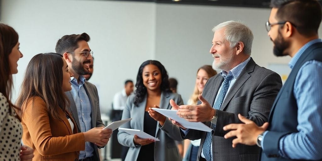A group of professionals in business attire are gathered, smiling and engaging in conversation. One man with gray hair holds papers and speaks animatedly about reverse mentoring, while others listen attentively, holding their own documents in the bright office space.