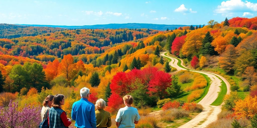 A group of five people stands on a hilltop, perhaps contemplating an encore career, while overlooking the winding dirt road through a vibrant autumn landscape. The trees display bright fall colors of red, orange, and yellow under a clear blue sky.