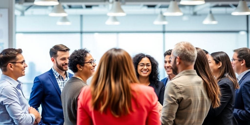 A group of professionals in business attire is standing in a brightly lit office space, engaged in conversation and smiling, as they discuss reverse mentoring. The setting is modern, with large windows and overhead lighting.