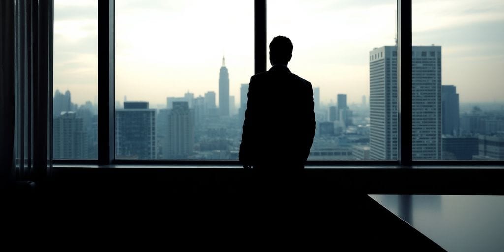 A silhouette of a person in a suit stands beside a large window, epitomizing how leadership is lonely, as they gaze at the city skyline with tall buildings under a cloudy sky. The dimly lit room frames their contemplation, with a prominent skyscraper visible in the distance.