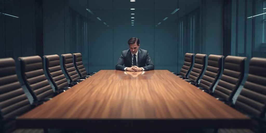 A man in a suit sits alone at a large wooden conference table surrounded by empty chairs in a dimly lit boardroom, embodying the truth that leadership is lonely, as he gazes down with a contemplative expression.