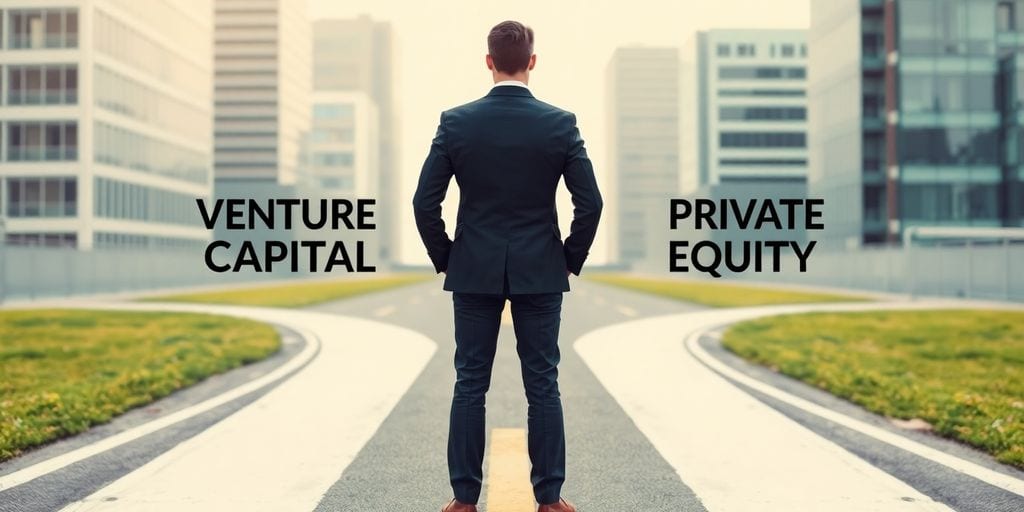 A person in a suit stands at a crossroads, symbolizing the choice of private equity vs venture capital. The backdrop features modern buildings and greenery, emphasizing the dynamic business environment.