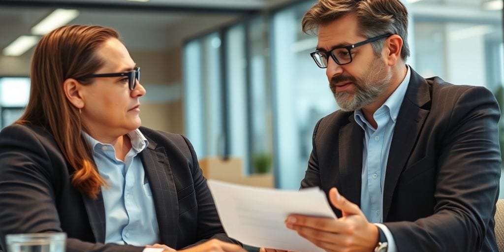 CEO and COO discussing strategy in a modern office.