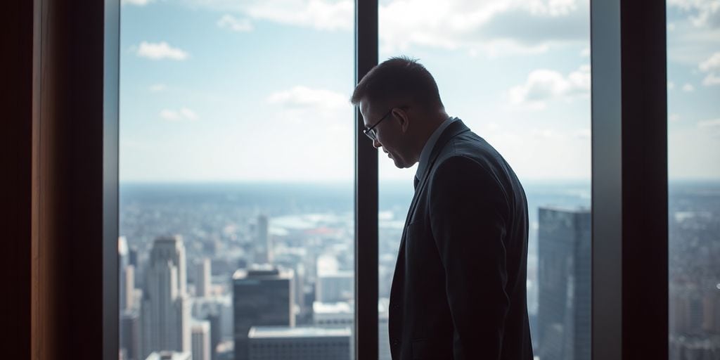 Isolated executive looking out from a tall office.